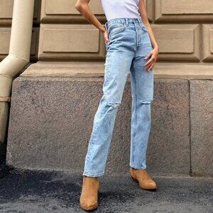 Denim Forum The Joni High Rise Loose Jeans 24 29L Blue Distressed Ripped Y2K